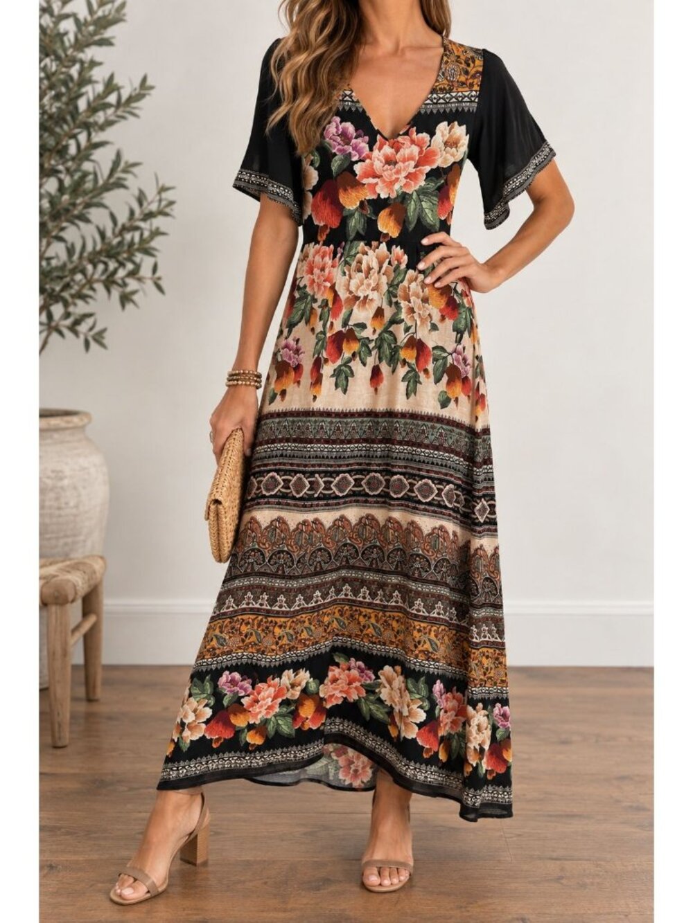 Farm Rio Anthropologie Small Esmeralda Floral Maxi Dress Flutter Sleeve Boho